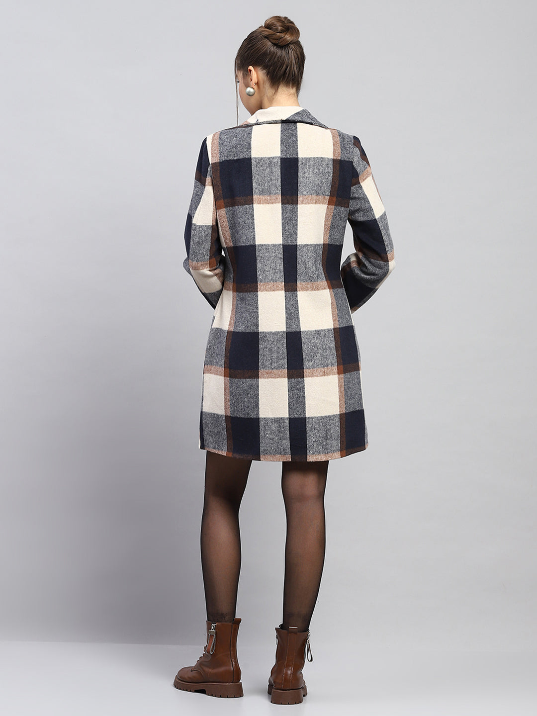 Women Navy Blue Check Notch lapel Collar Full Sleeve Coat