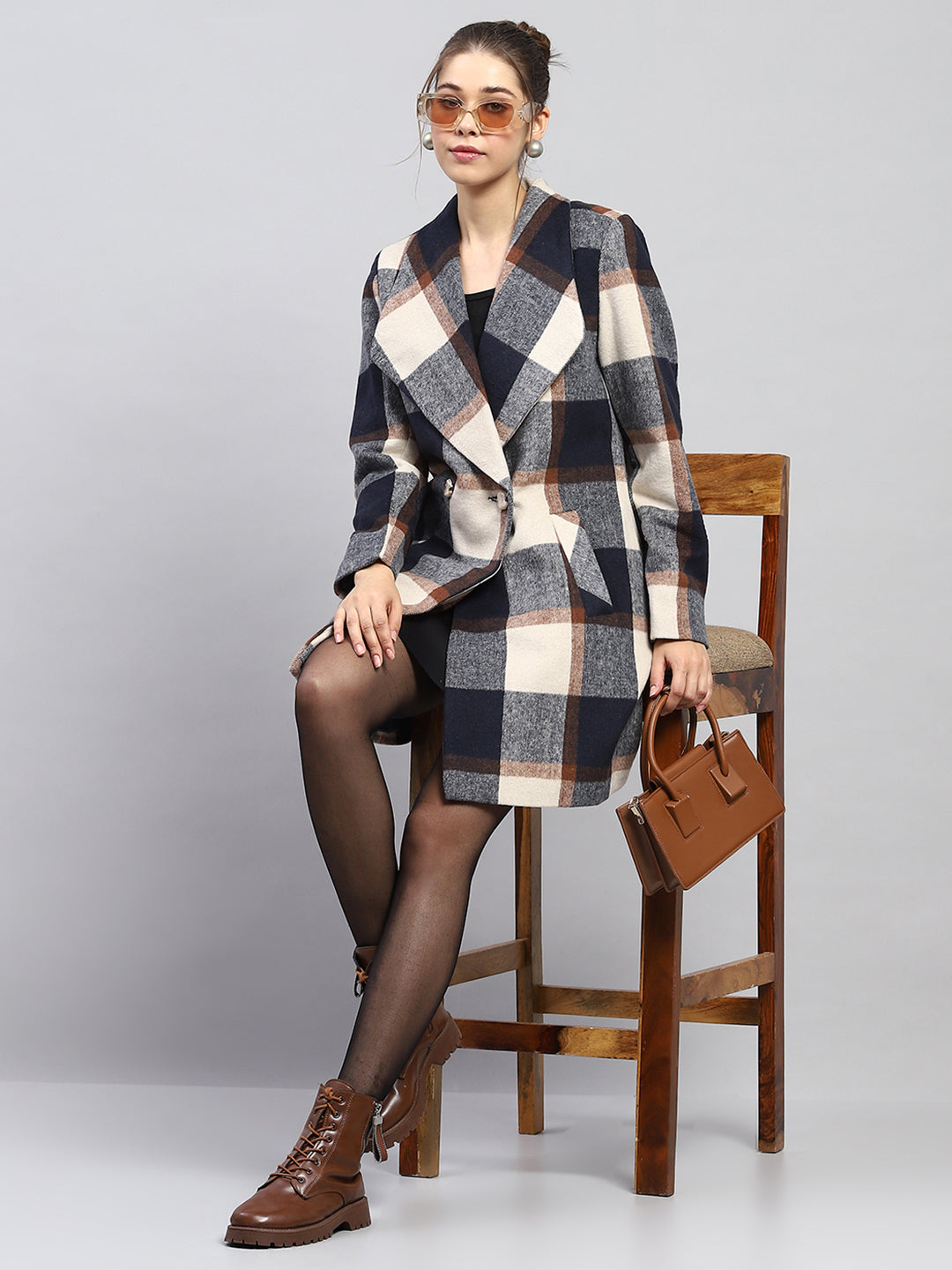 Women Navy Blue Check Notch lapel Collar Full Sleeve Coat