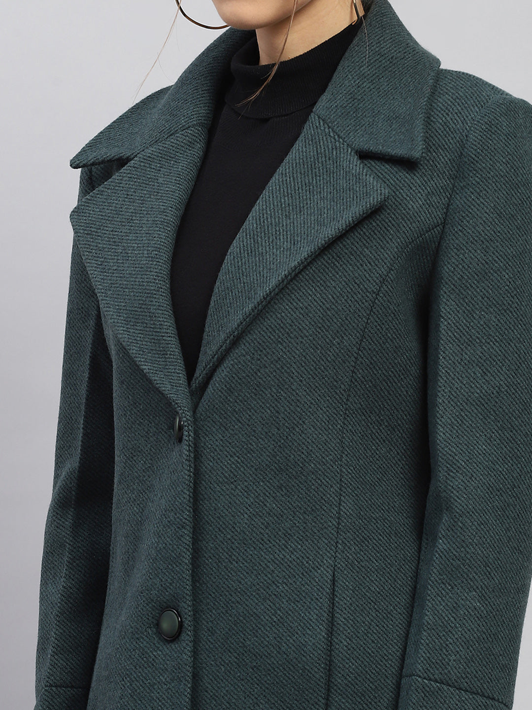 Women Green Self Design Notch lapel Collar Full Sleeve Coat