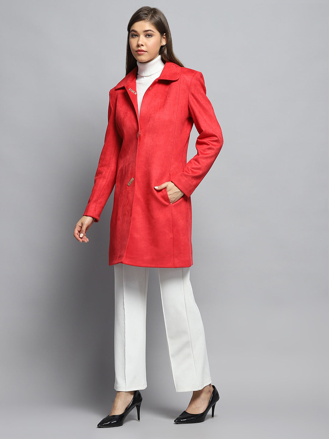 Women Rust Solid Collar Full Sleeve Coat