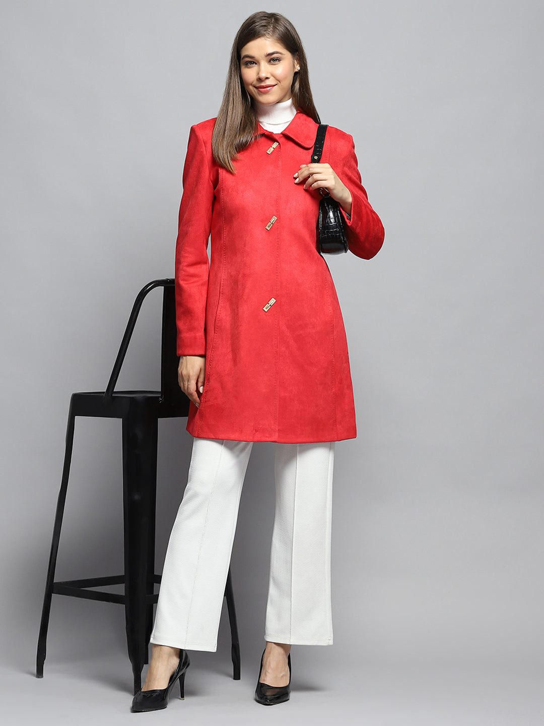 Women Rust Solid Collar Full Sleeve Coat