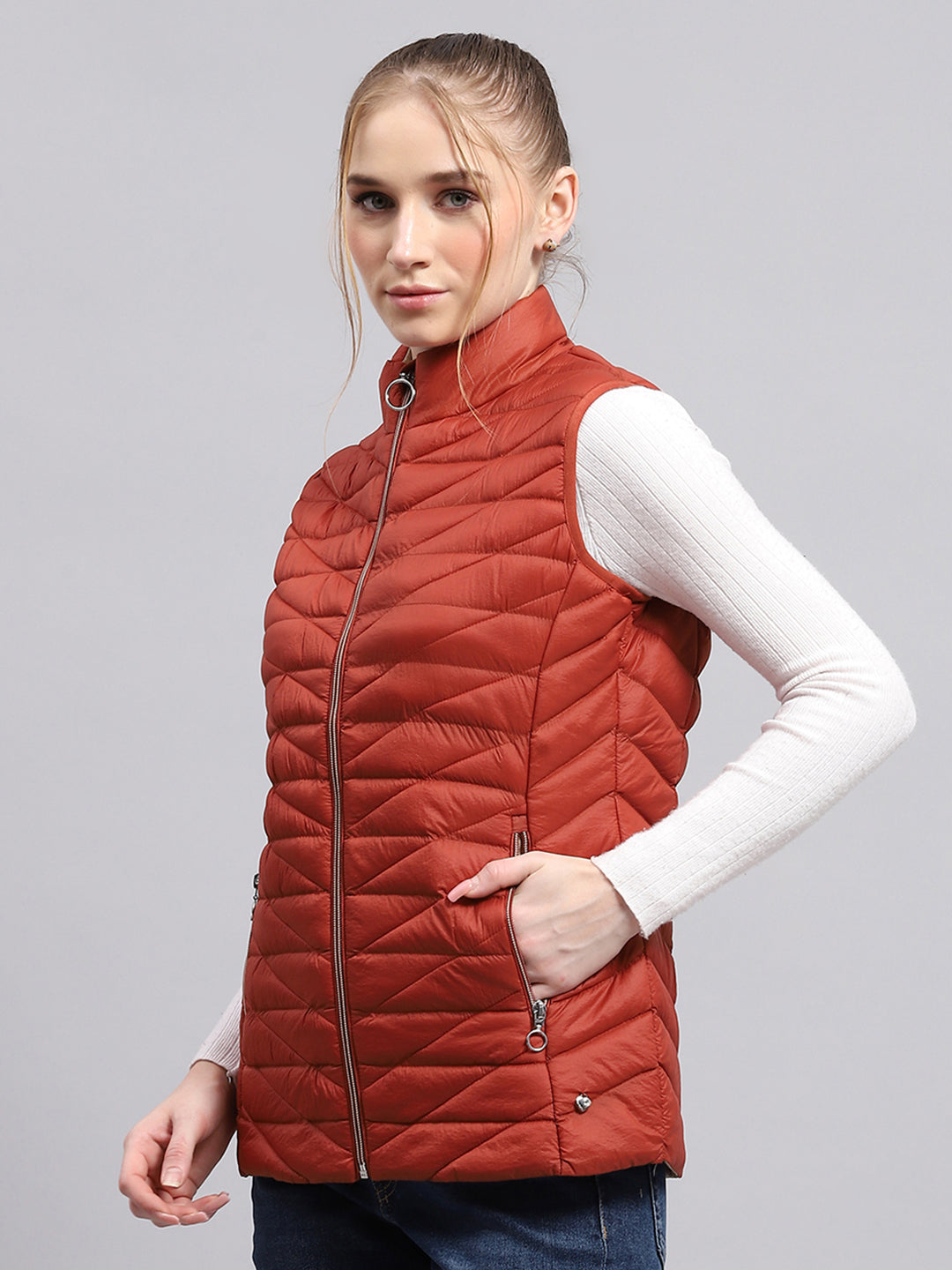 Women Rust Solid Mock Neck Sleeveless Jacket