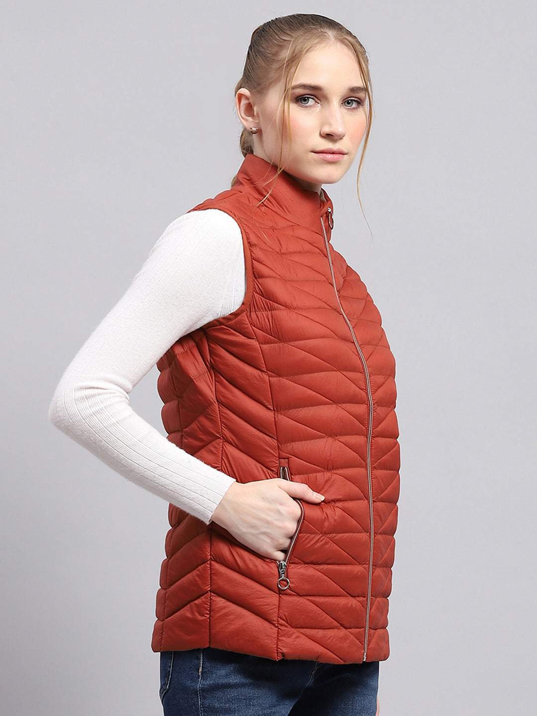 Women Rust Solid Mock Neck Sleeveless Jacket