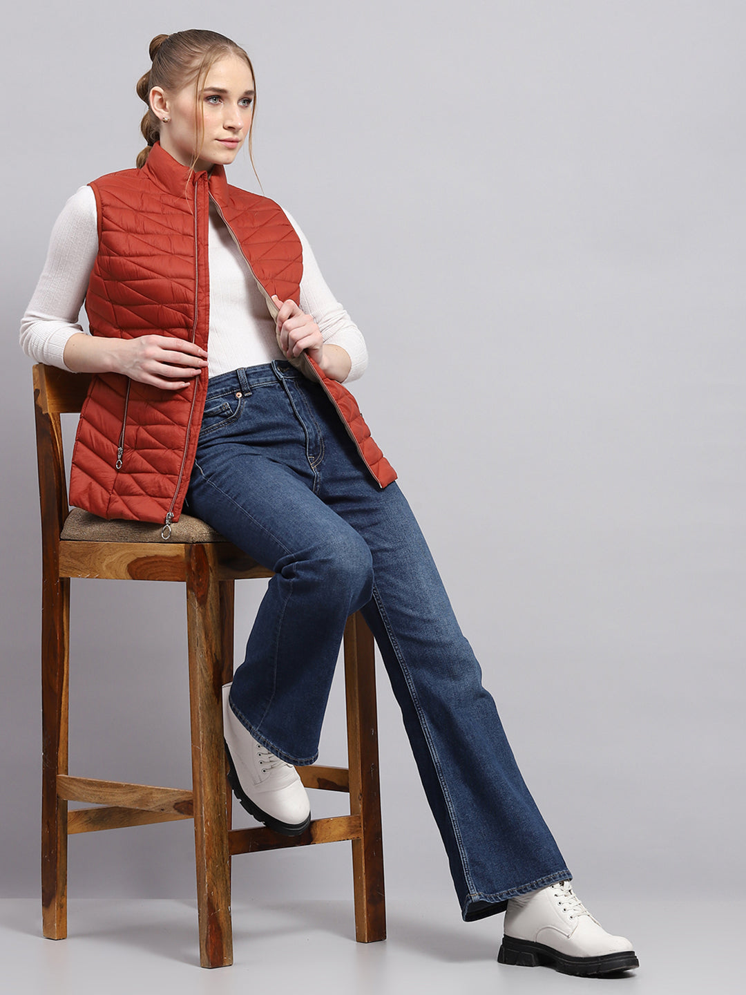 Women Rust Solid Mock Neck Sleeveless Jacket