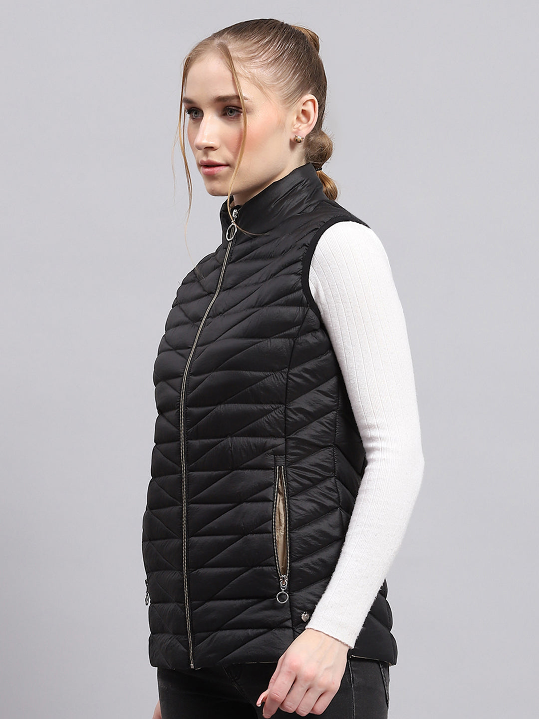 Women Black Solid Mock Neck Sleeveless Jacket