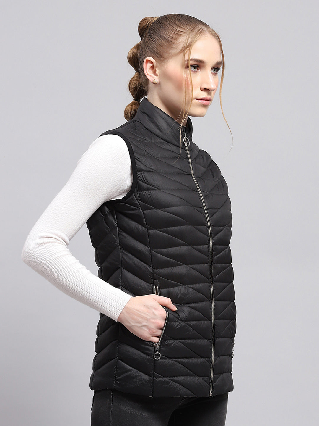 Women Black Solid Mock Neck Sleeveless Jacket