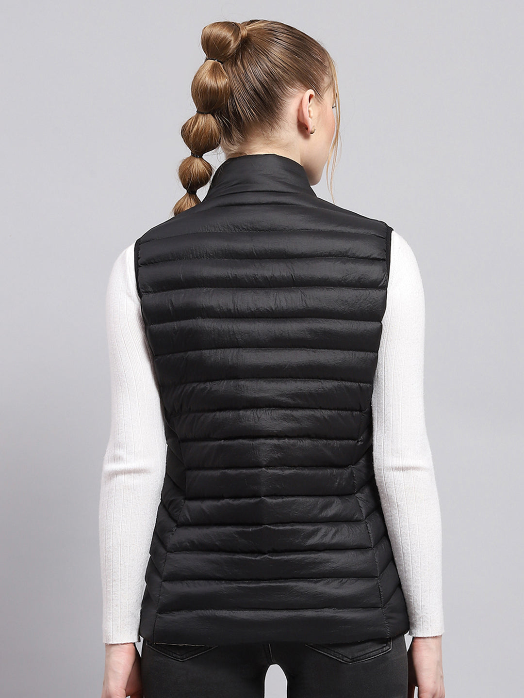 Women Black Solid Mock Neck Sleeveless Jacket