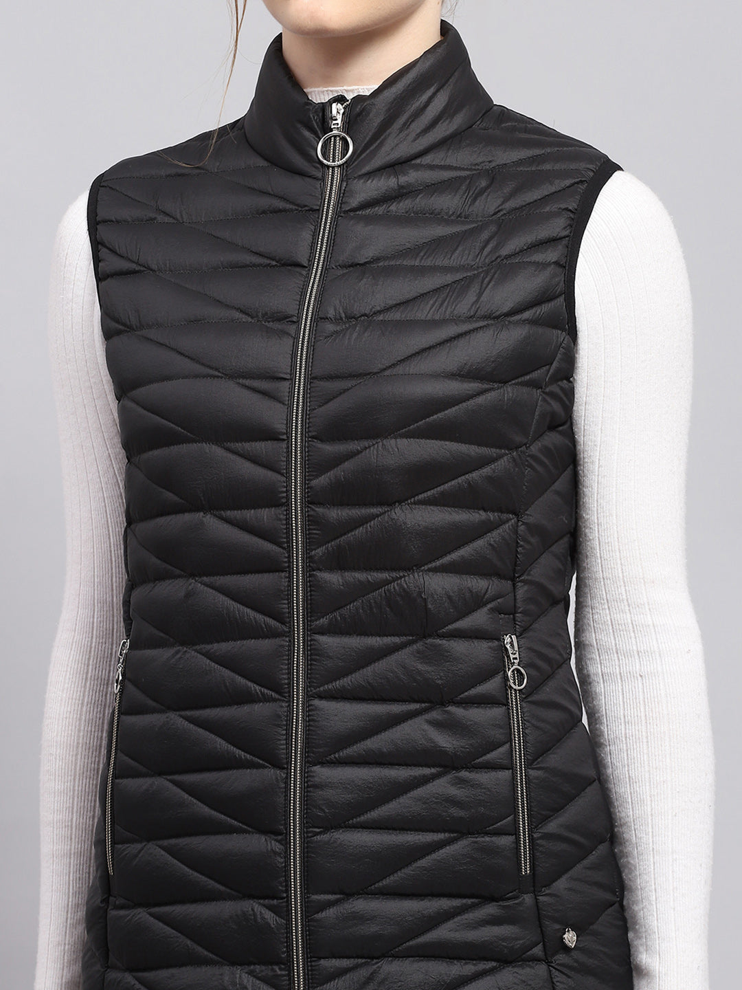 Women Black Solid Mock Neck Sleeveless Jacket