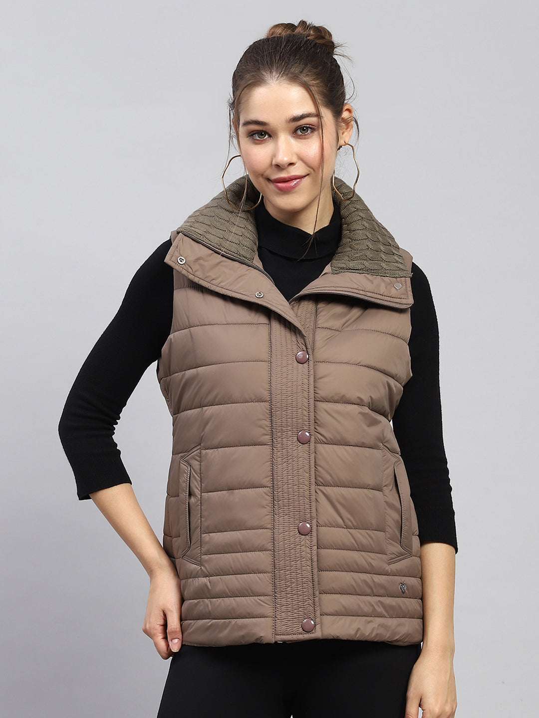 Women Brown Solid Collar Sleeveless Jacket