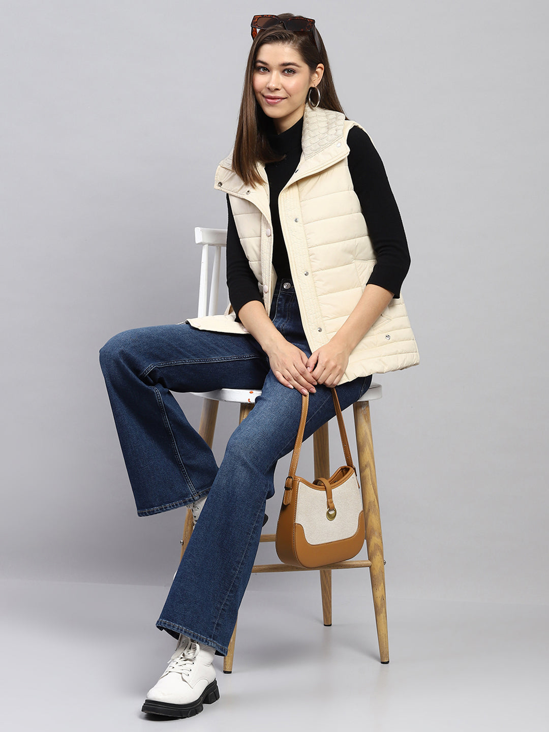 Women Cream Solid Collar Sleeveless Jacket