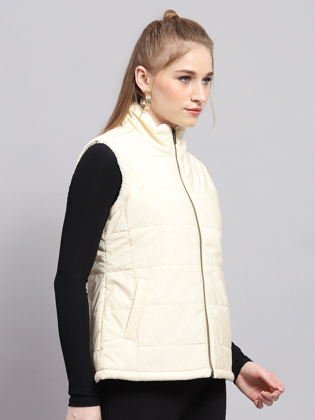 Women Off White Solid Mock Neck Sleeveless Jacket