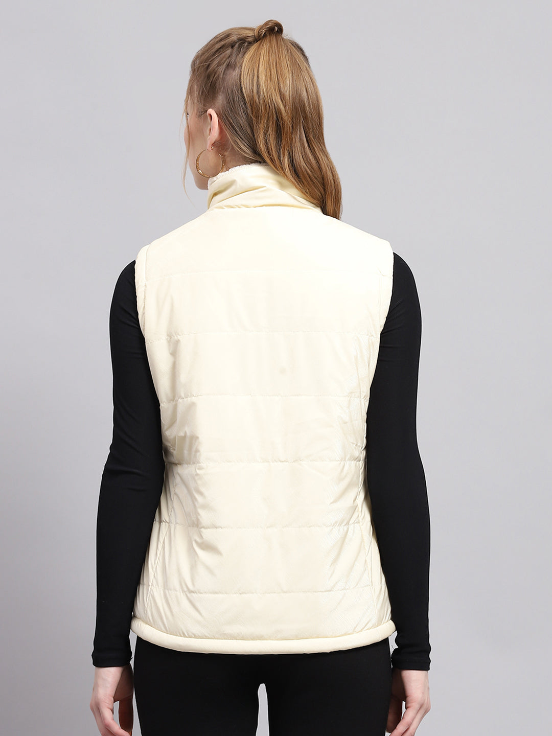 Women Off White Solid Mock Neck Sleeveless Jacket