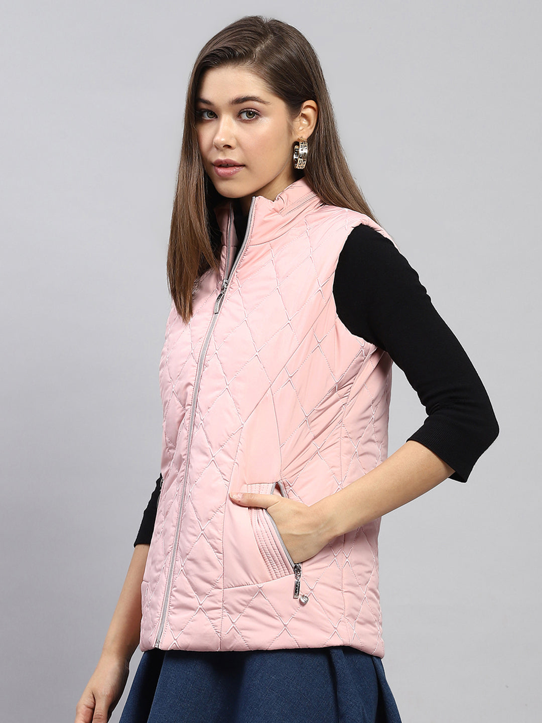 Women Pink Embroidered Mock Neck Sleeveless Jacket