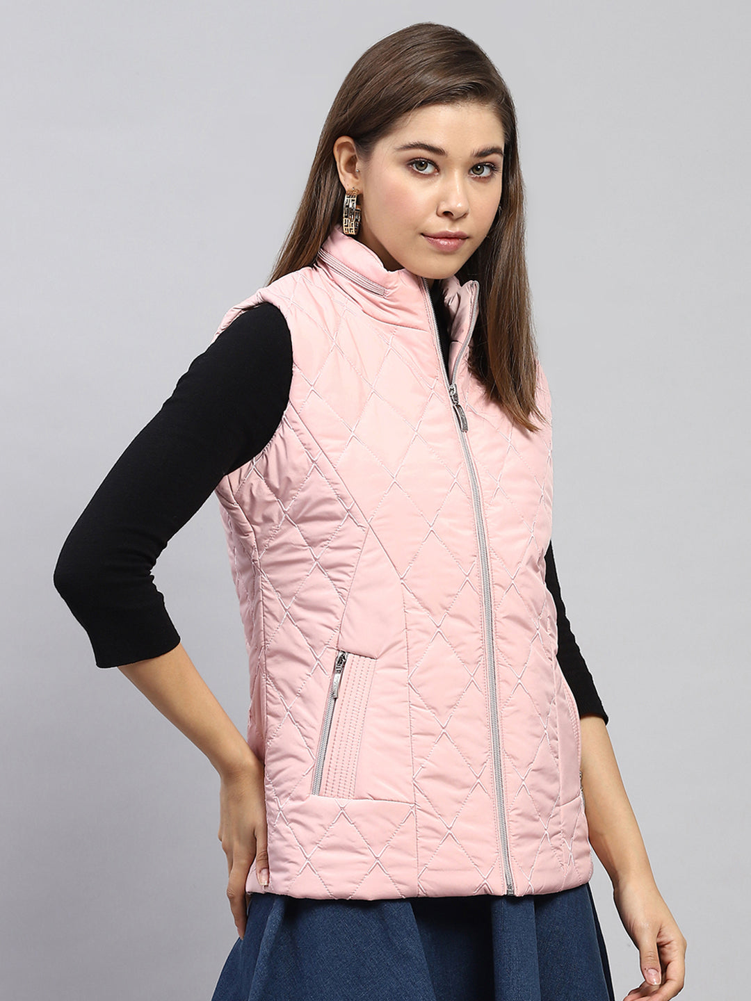 Women Pink Embroidered Mock Neck Sleeveless Jacket