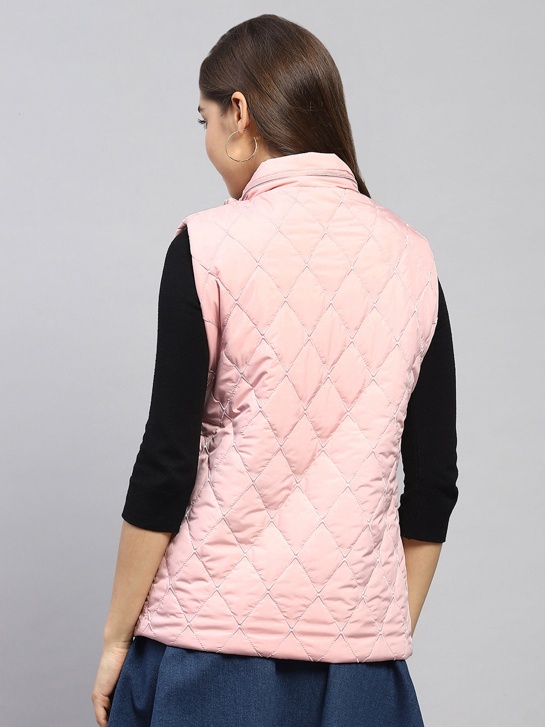 Women Pink Embroidered Mock Neck Sleeveless Jacket