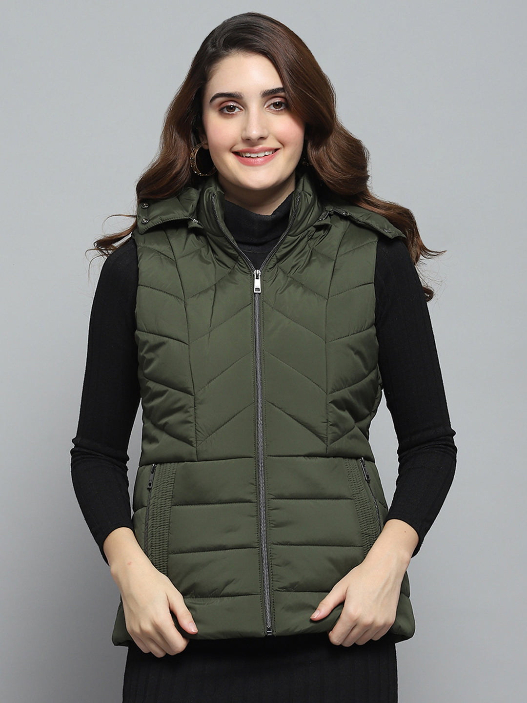 Women Olive Solid Detachable Hood Sleeveless Jacket