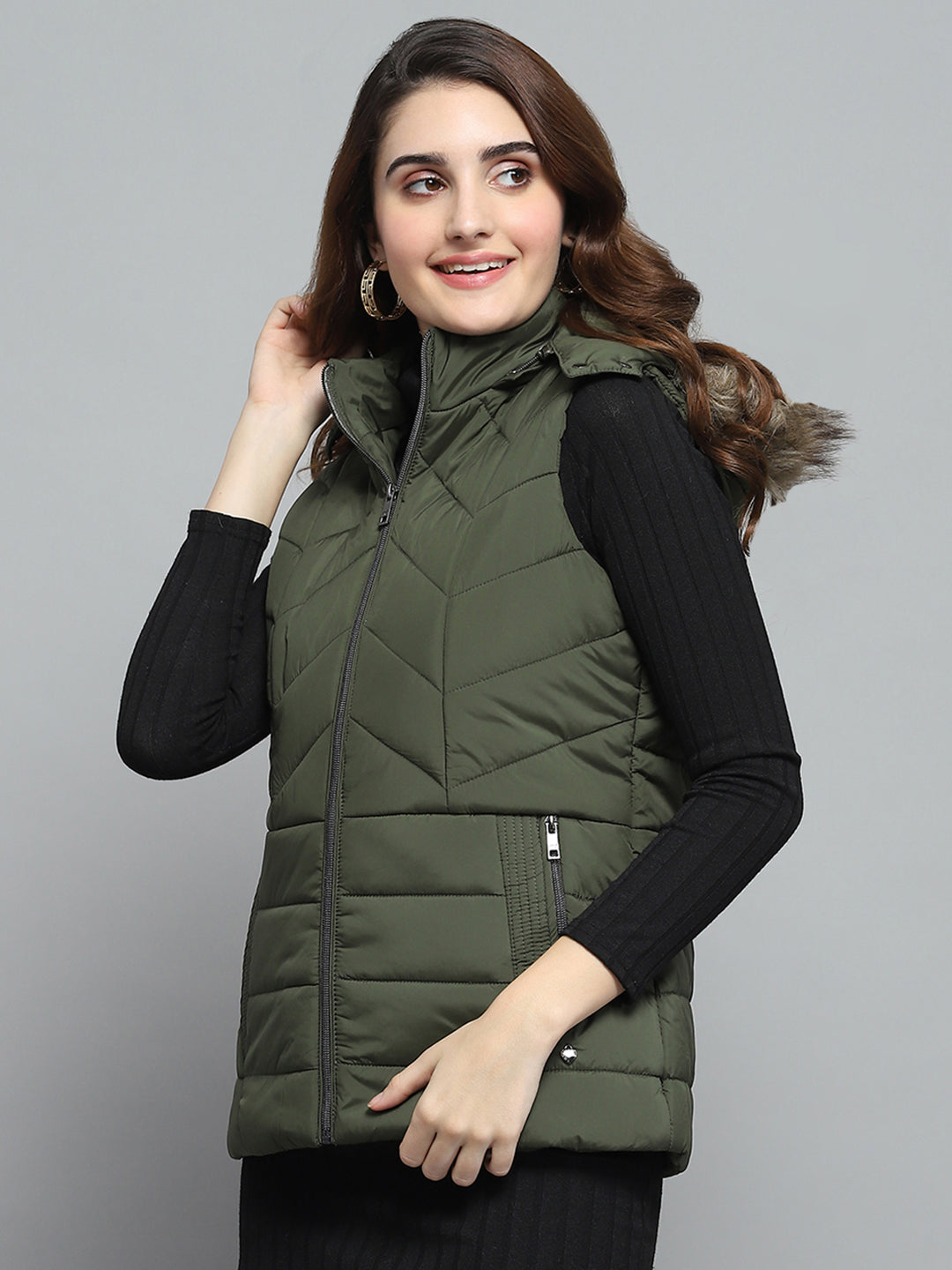 Women Olive Solid Detachable Hood Sleeveless Jacket