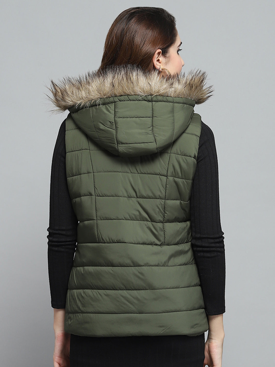 Women Olive Solid Detachable Hood Sleeveless Jacket