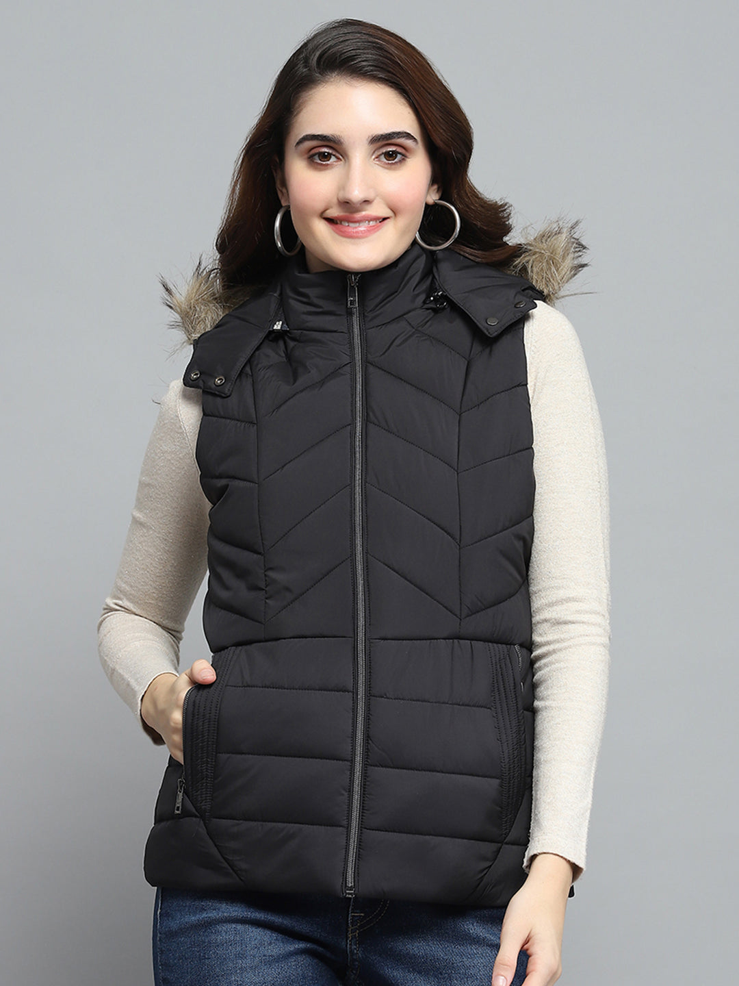 Women Black Solid Detachable Hood Sleeveless Jacket