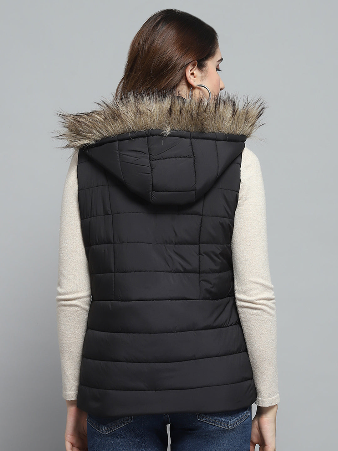 Women Black Solid Detachable Hood Sleeveless Jacket