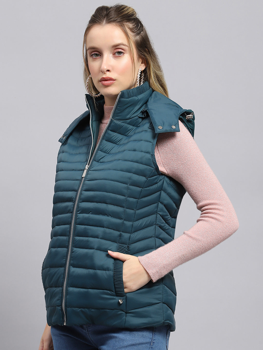 Women Teal Blue Solid Detachable Hood Sleeveless Jacket