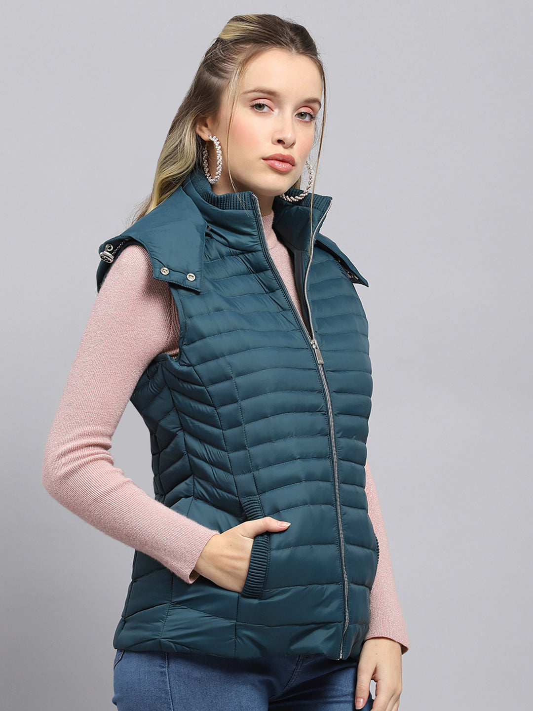 Women Teal Blue Solid Detachable Hood Sleeveless Jacket