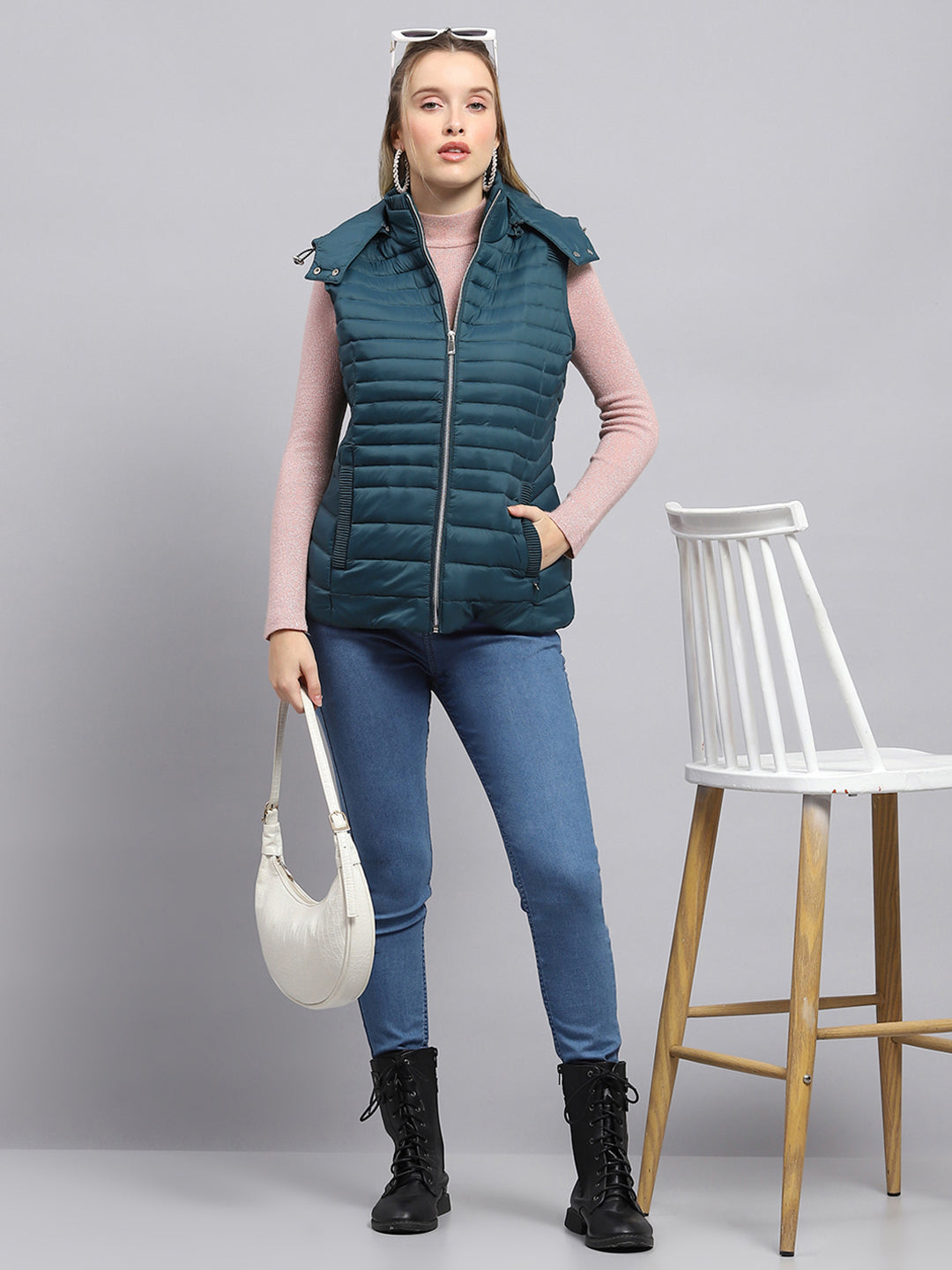 Women Teal Blue Solid Detachable Hood Sleeveless Jacket