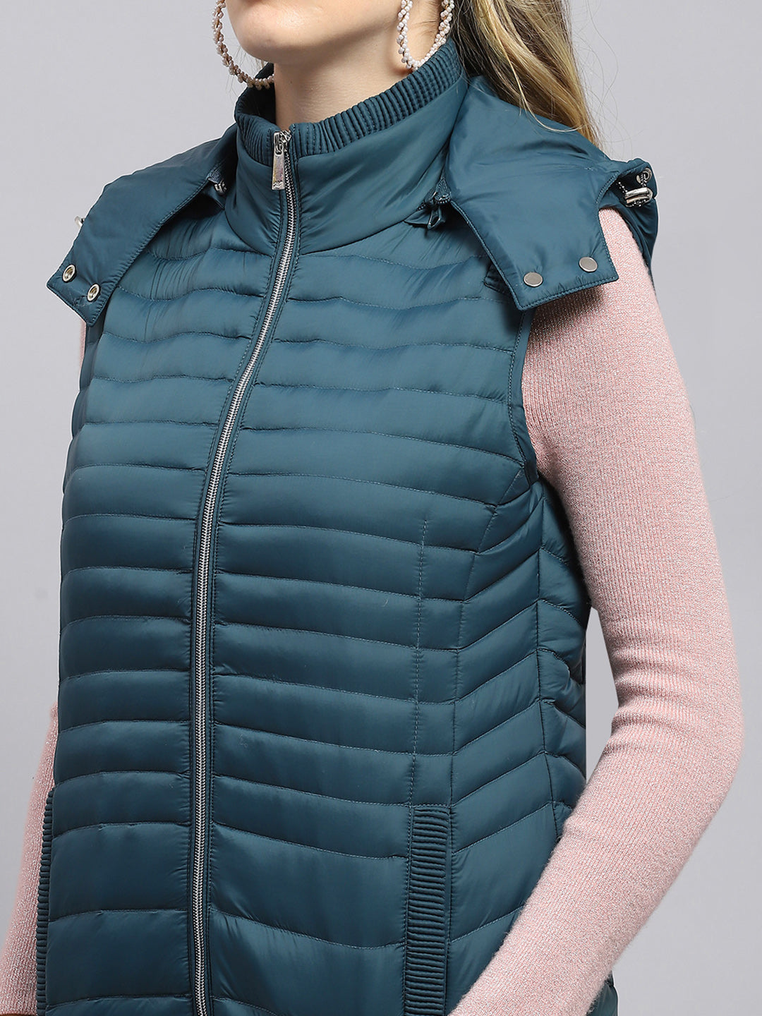 Women Teal Blue Solid Detachable Hood Sleeveless Jacket