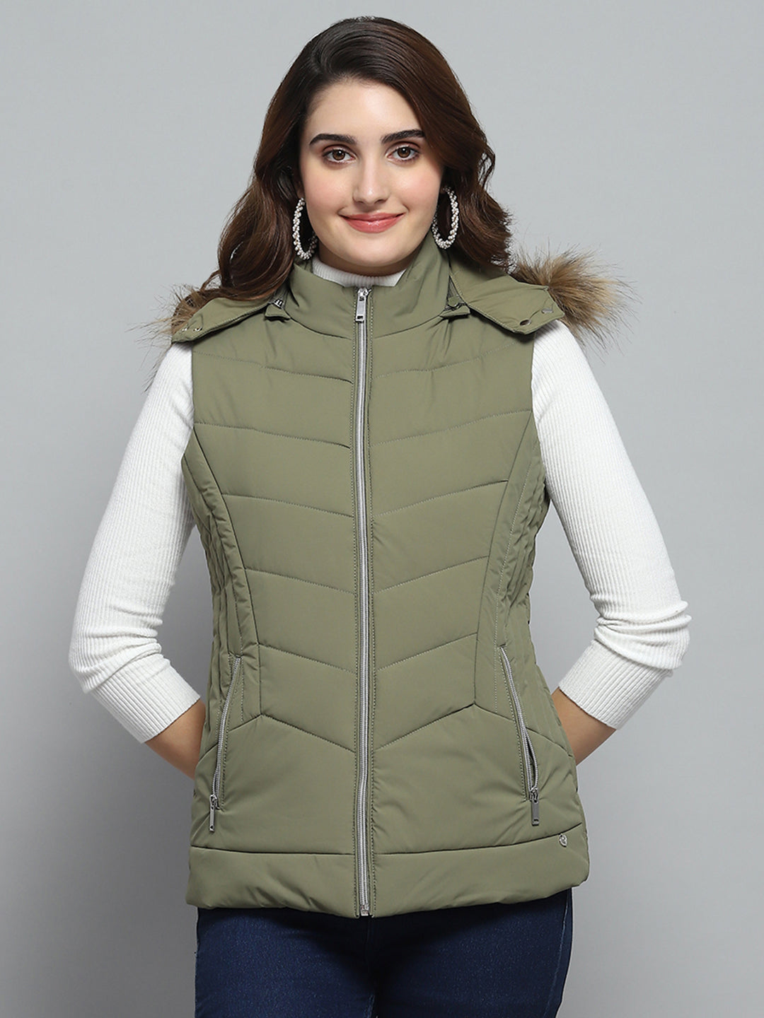 Women Green Solid Detachable Hood Sleeveless Jacket