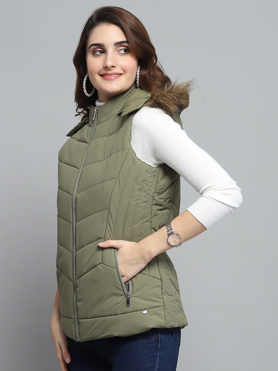 Women Green Solid Detachable Hood Sleeveless Jacket