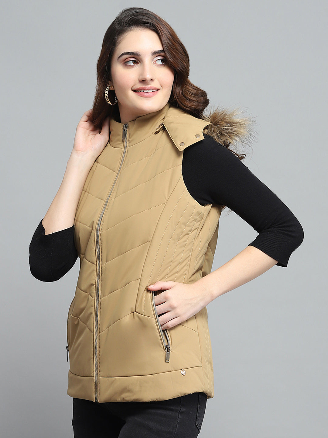 Women Khaki Solid Detachable Hood Sleeveless Jacket