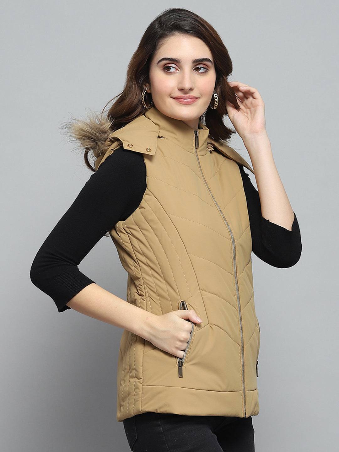 Women Khaki Solid Detachable Hood Sleeveless Jacket