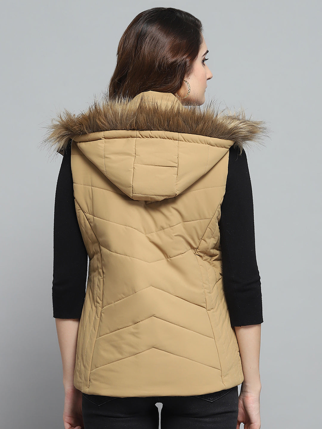 Women Khaki Solid Detachable Hood Sleeveless Jacket