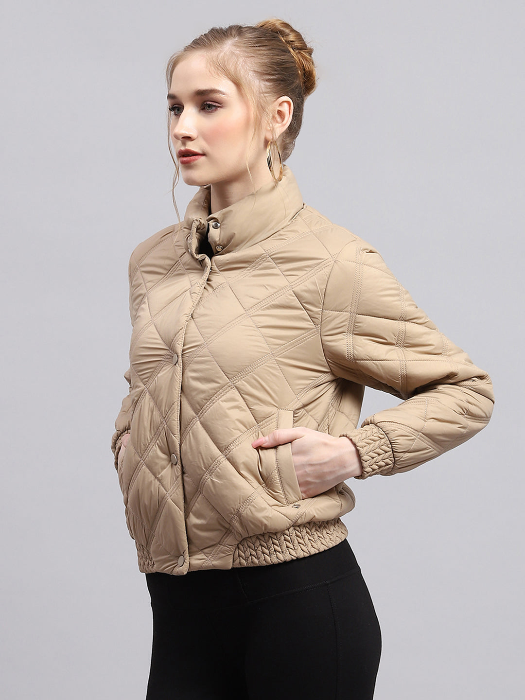 Women Beige Solid Mock Neck Full Sleeve Jacket