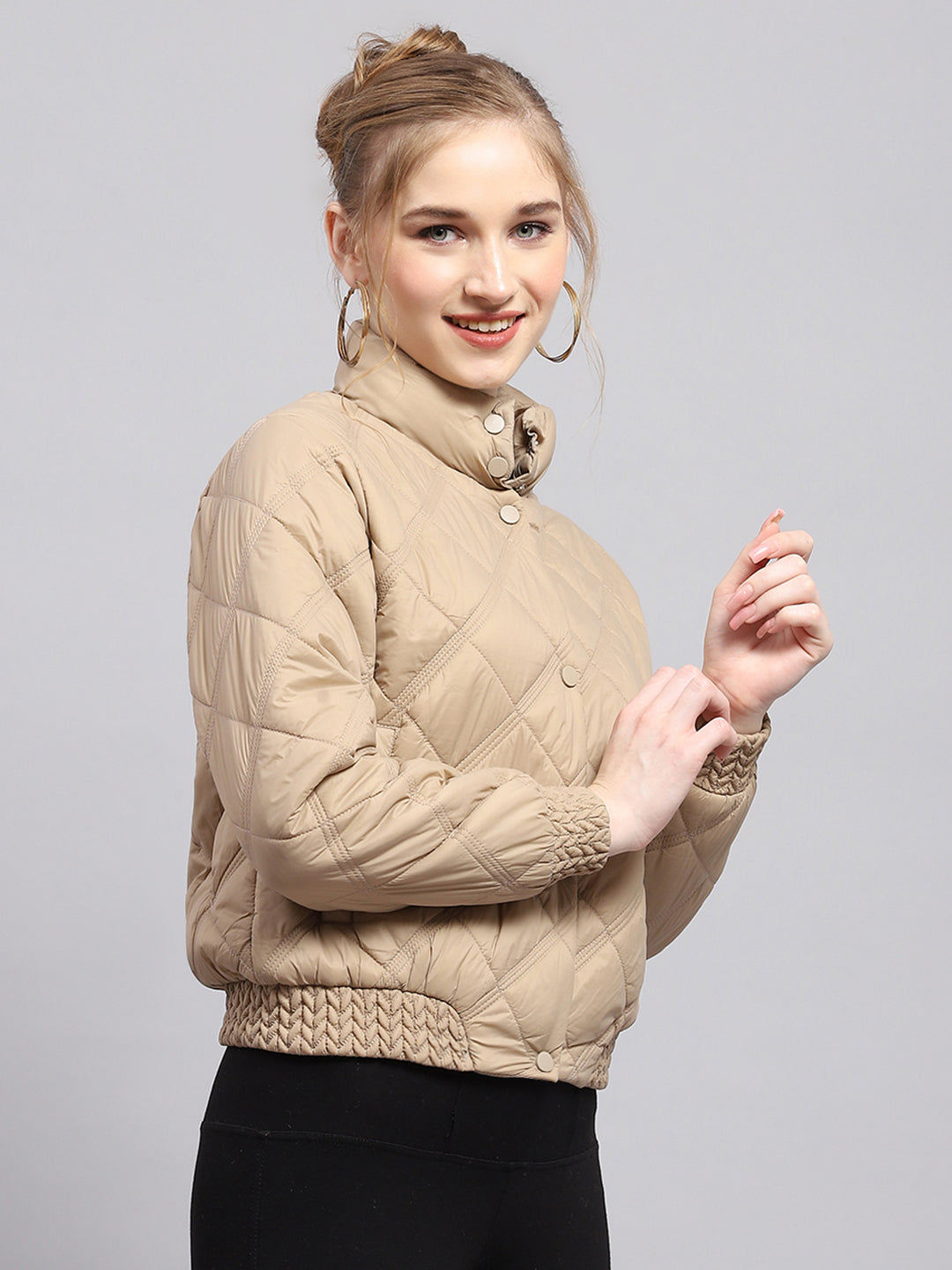 Women Beige Solid Mock Neck Full Sleeve Jacket