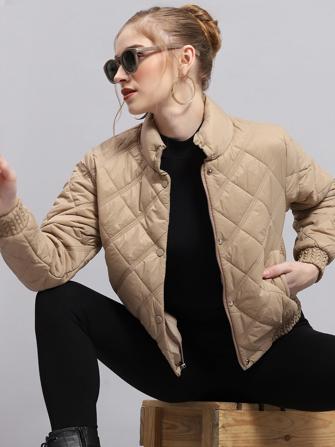 Women Beige Solid Mock Neck Full Sleeve Jacket