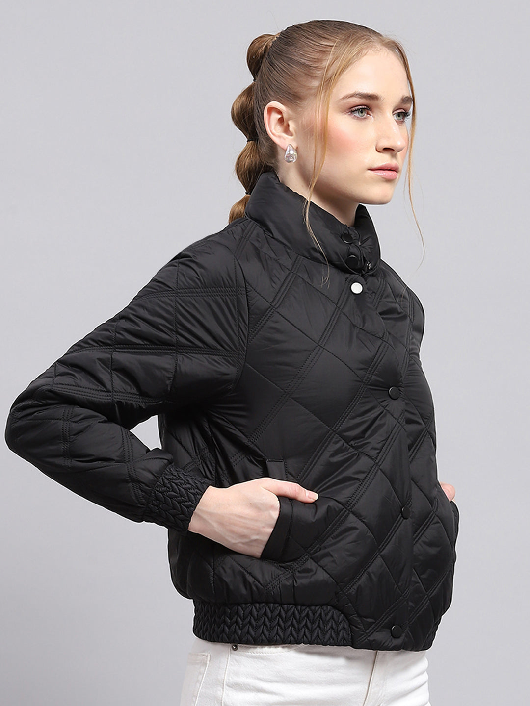 Women Black Solid Mock Neck Full Sleeve Jacket