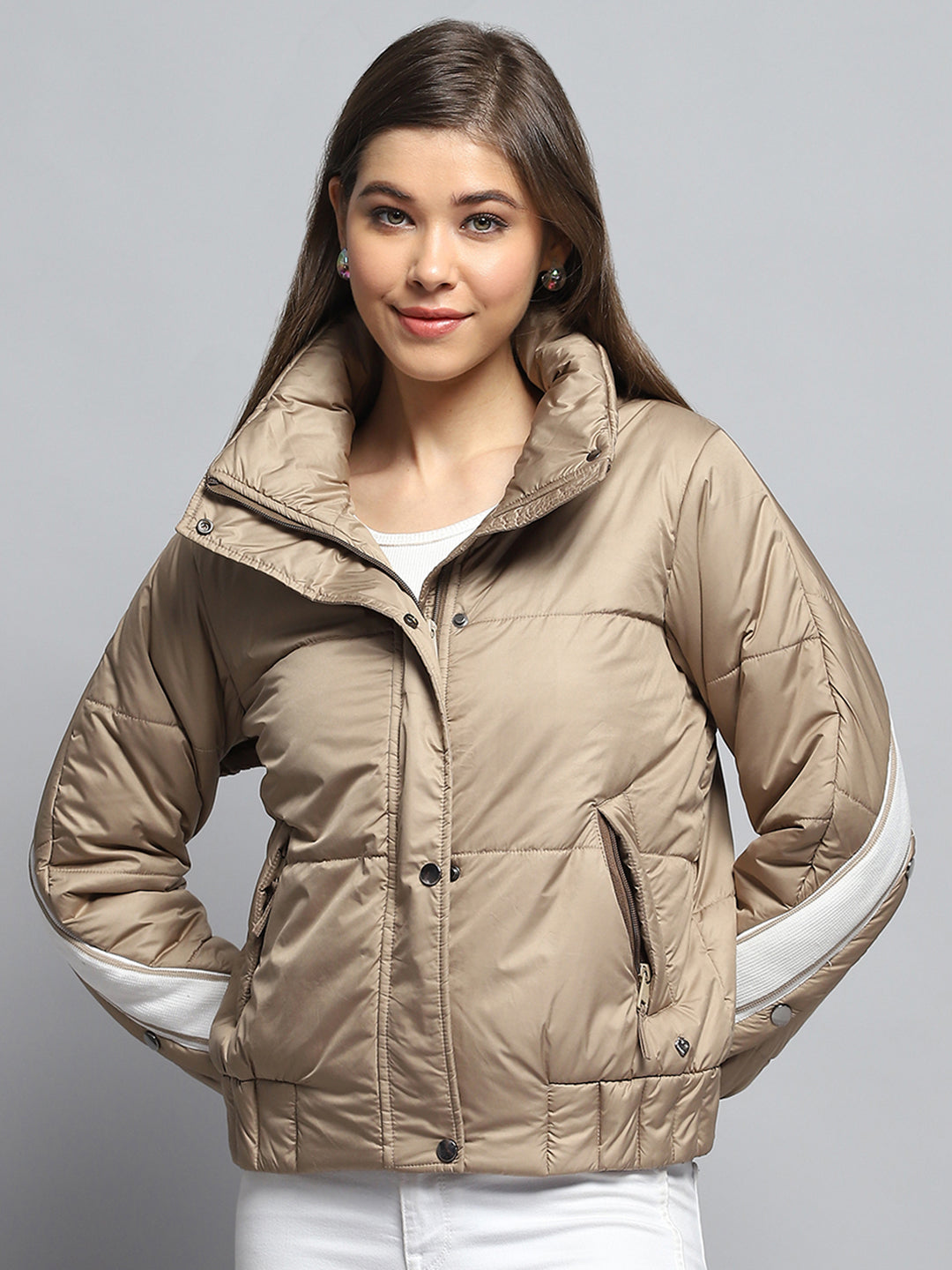 Women Beige Solid Collar Full Sleeve Jacket