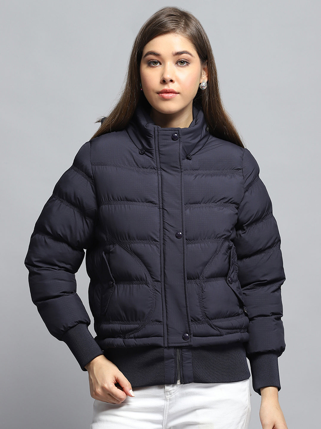 Women Navy Blue Self Design Collar Full Sleeve Jacket