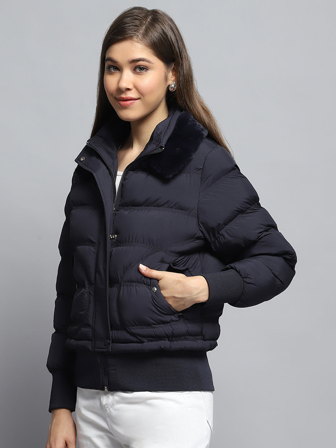 Women Navy Blue Self Design Collar Full Sleeve Jacket