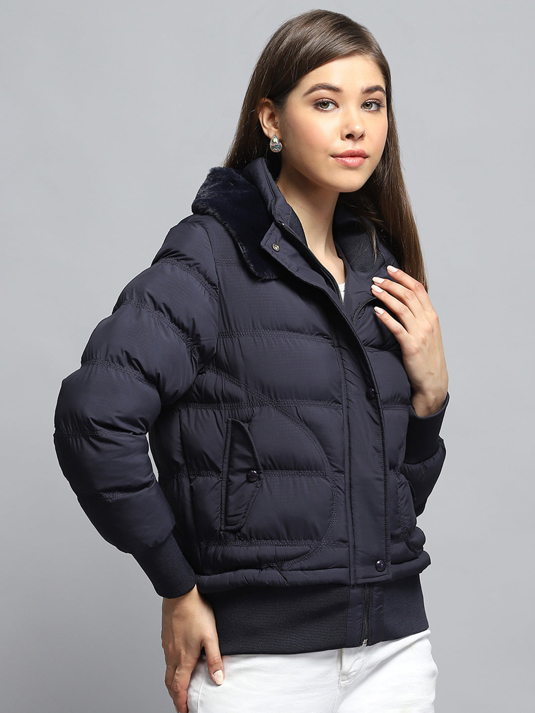 Women Navy Blue Self Design Collar Full Sleeve Jacket