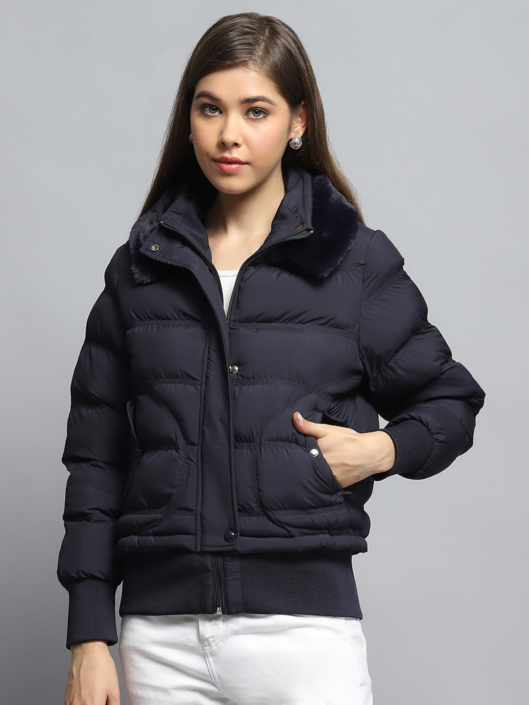 Women Navy Blue Self Design Collar Full Sleeve Jacket