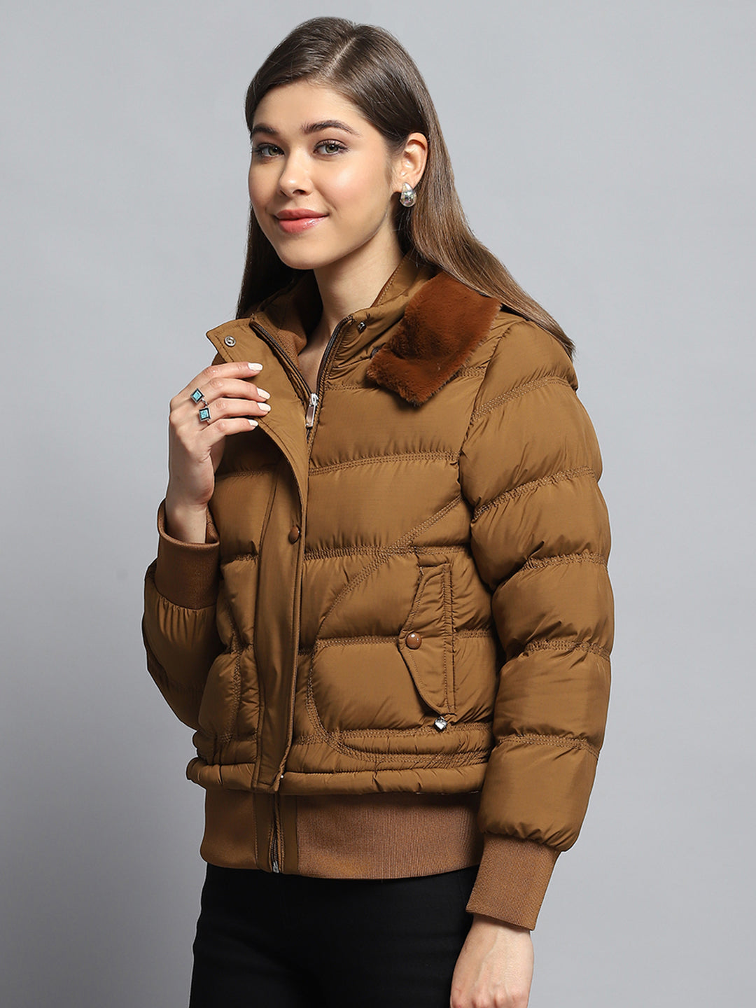 Women Tan Self Design Collar Full Sleeve Jacket