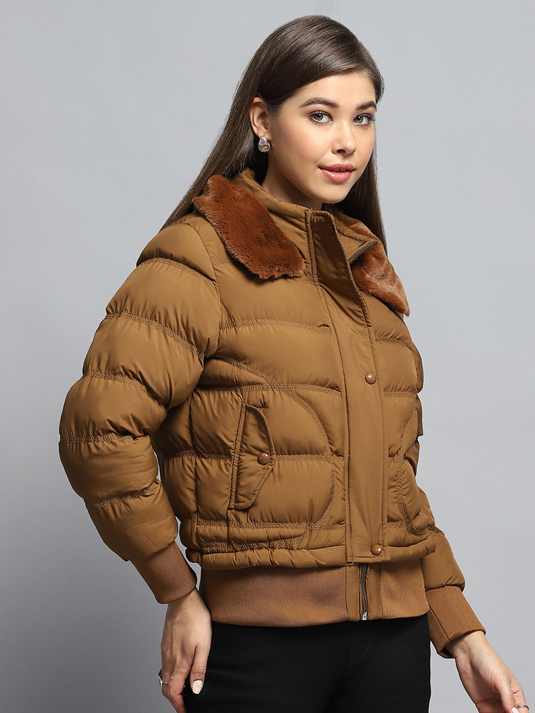 Women Tan Self Design Collar Full Sleeve Jacket