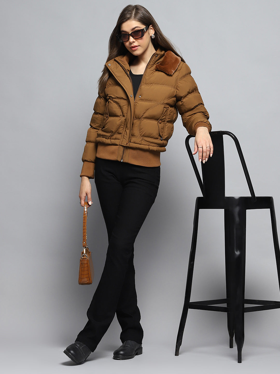 Women Tan Self Design Collar Full Sleeve Jacket