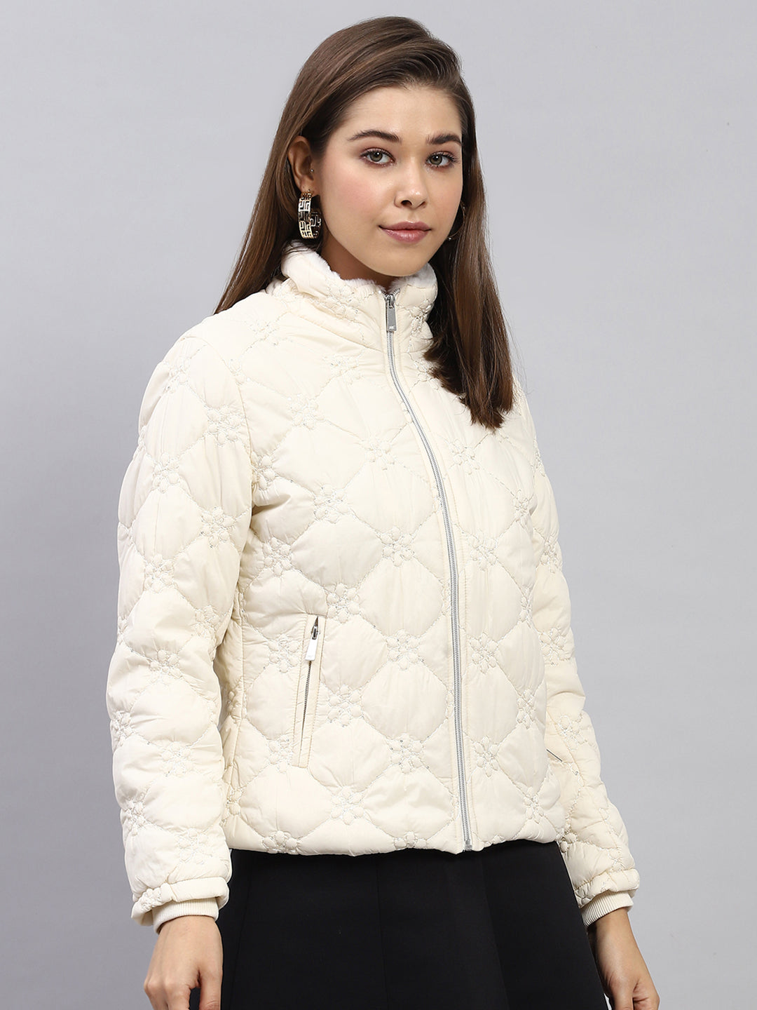 Women White Embroidered Mock Neck Full Sleeve Jacket