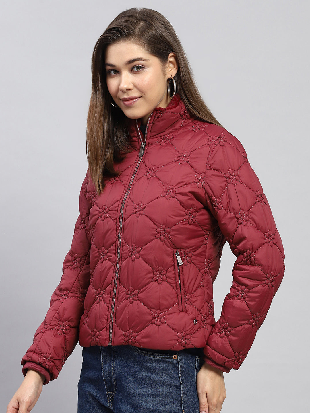 Women Maroon Embroidered Mock Neck Full Sleeve Jacket