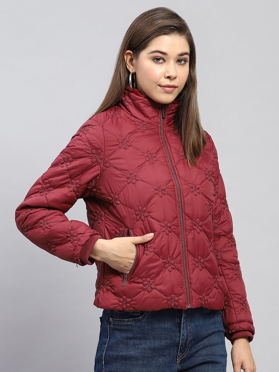 Women Maroon Embroidered Mock Neck Full Sleeve Jacket