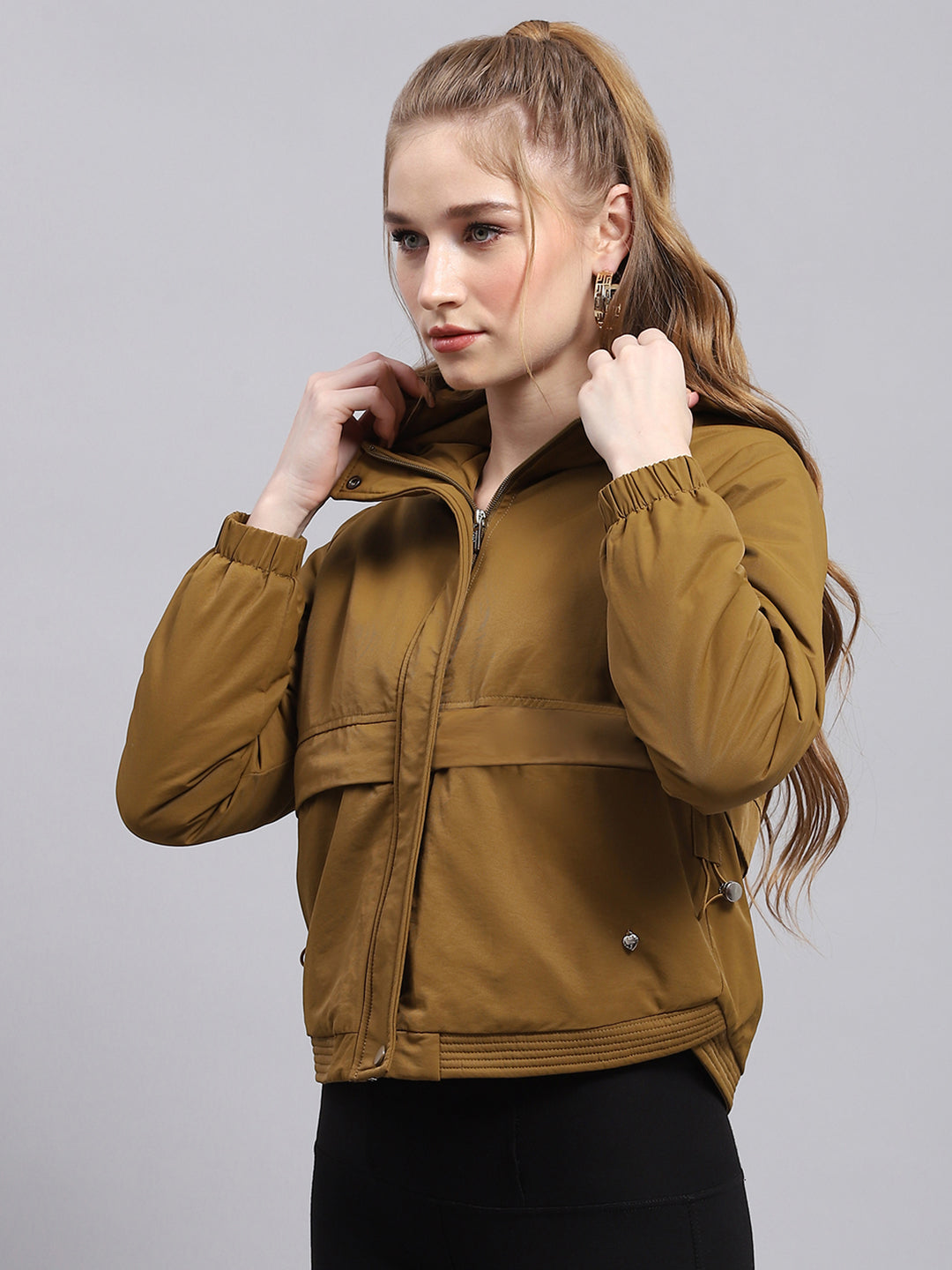 Women Khaki Solid Hooded Full Sleeve Jacket