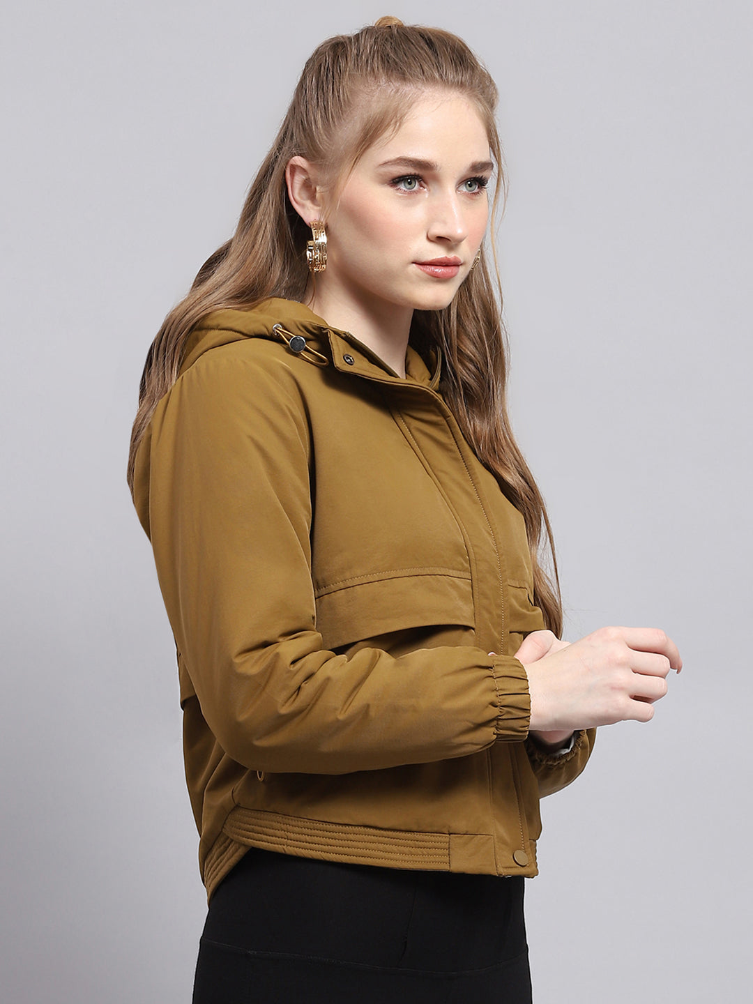 Women Khaki Solid Hooded Full Sleeve Jacket